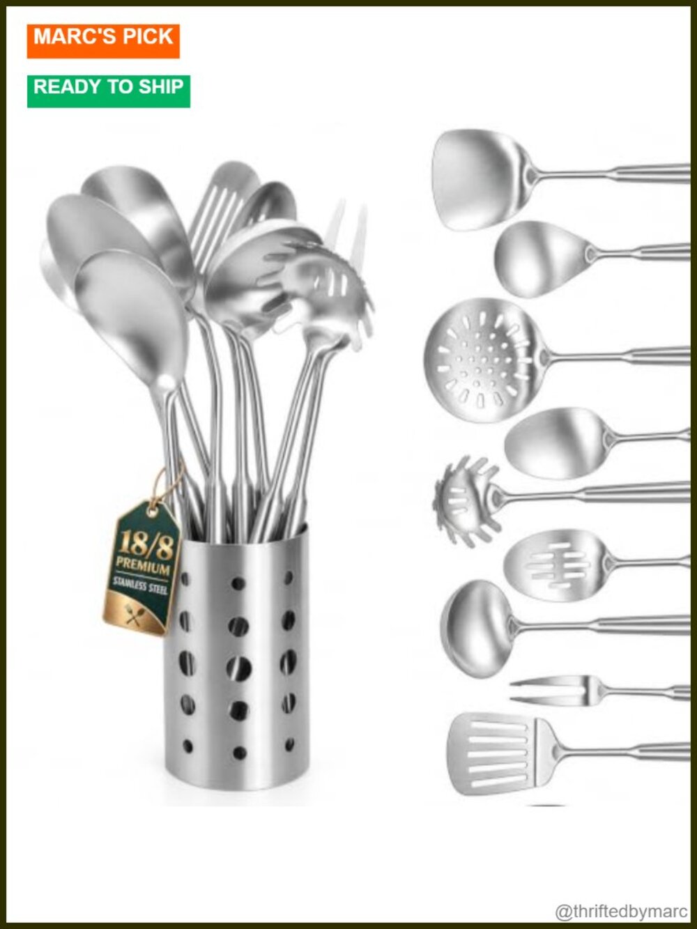 9 Pc 18/8 304 Stainless Steel Cooking Utensils Set with Holder